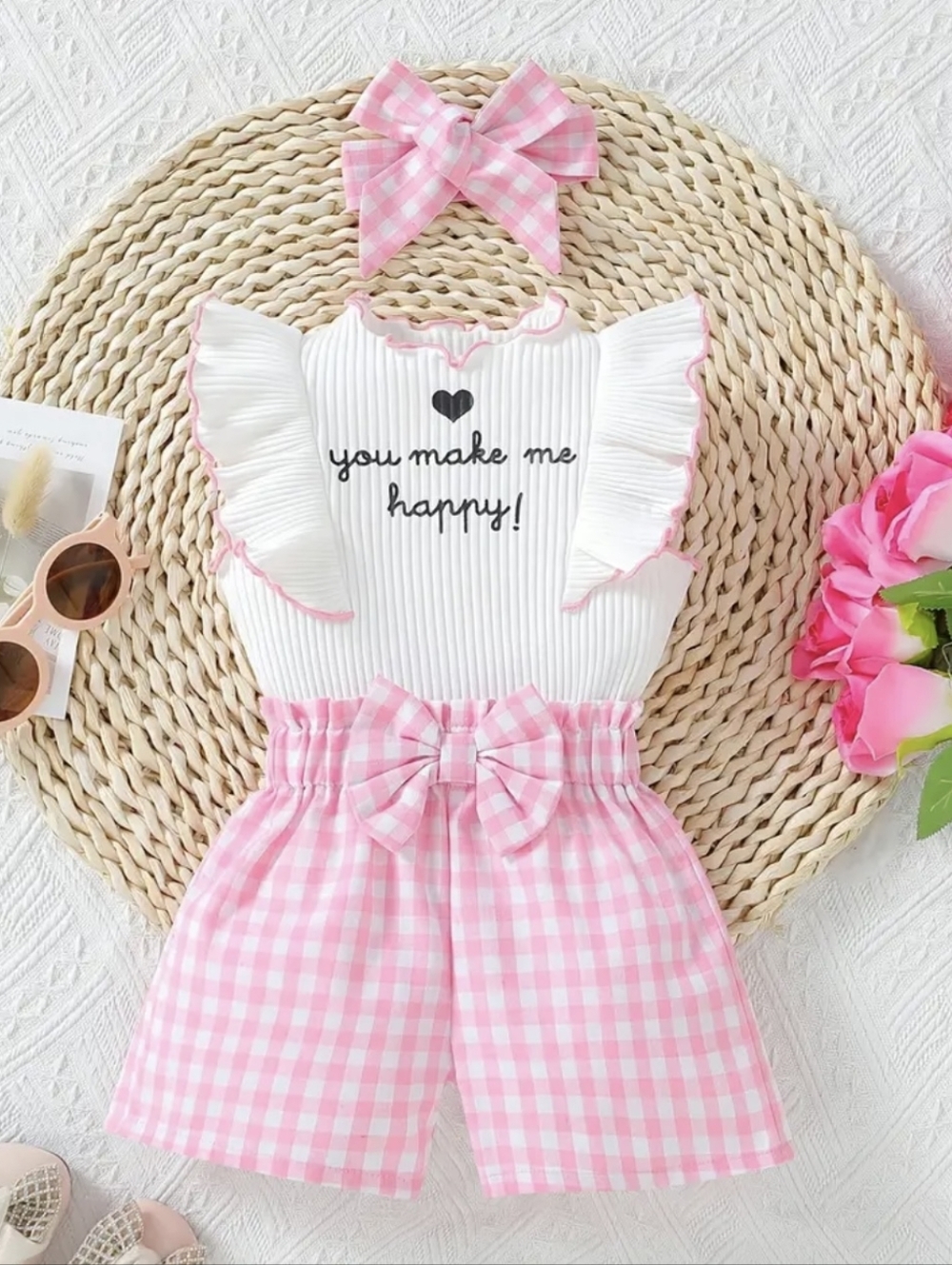 Pink Gingham Bow Shorts Set with "you make me happy!" Top